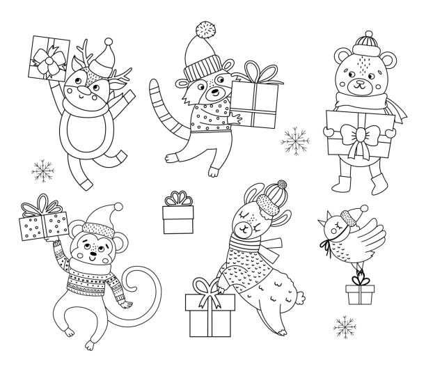 Cute black and white vector animals in hats, scarves and sweaters with presents and snowflakes. Winter set of with gifts. Funny Christmas coloring page. New Year print with smiling character Cute black and white vector animals in hats, scarves and sweaters with presents and snowflakes. Winter set of with gifts. Funny Christmas coloring page. New Year print with smiling character snowflake shape clipart stock illustrations