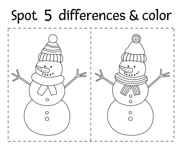 Christmas find differences and color game for children. Winter educational activity with funny snowman. Printable worksheet with smiling character. Cute New Year coloring page for kids Christmas find differences and color game for children. Winter educational activity with funny snowman. Printable worksheet with smiling character. Cute New Year coloring page for kids maiden stock illustrations