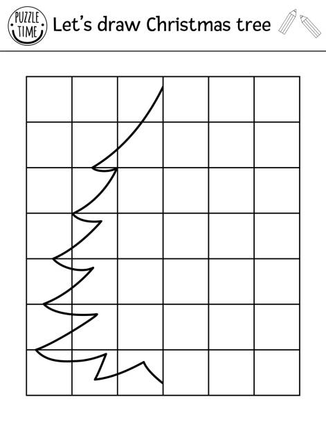 モミの木の絵を完成させます。ベクタークリスマス描画練習ワークシート。就学前の子供のための冬の印刷可能な黒と白の活動。子供のための描画ゲームをコピーします。 - 3495点のイラスト素材／クリップアート素材／マンガ素材／アイコン素材