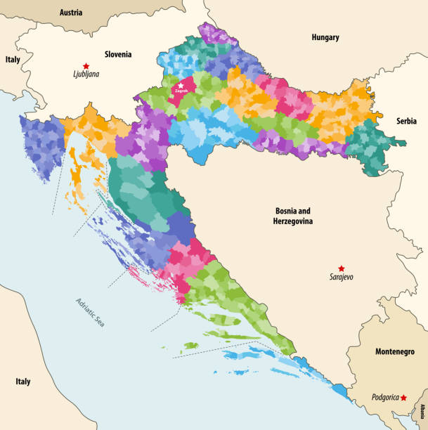 ilustrações, clipart, desenhos animados e ícones de mapa vetorial de municípios croatas coloridos por condados com países e territórios vizinhos - koprivnica croatia