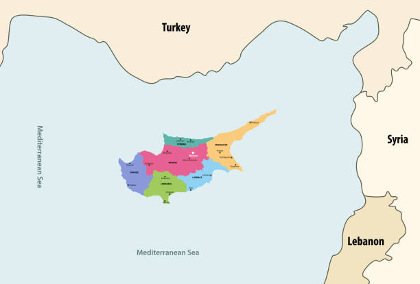 illustrazioni stock, clip art, cartoni animati e icone di tendenza di mappa vettoriale delle regioni di cipro con i paesi e territori vicini - turkey mediterranean sea mediterranean countries vacations