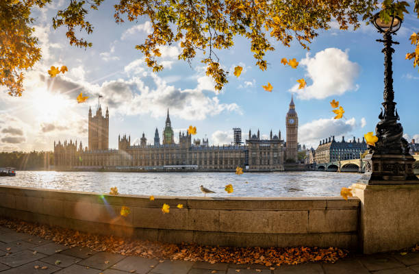 panoramic view to westminster palace and big ben tower in london, uk, during golden autumn time - city symbol usa autumn imagens e fotografias de stock