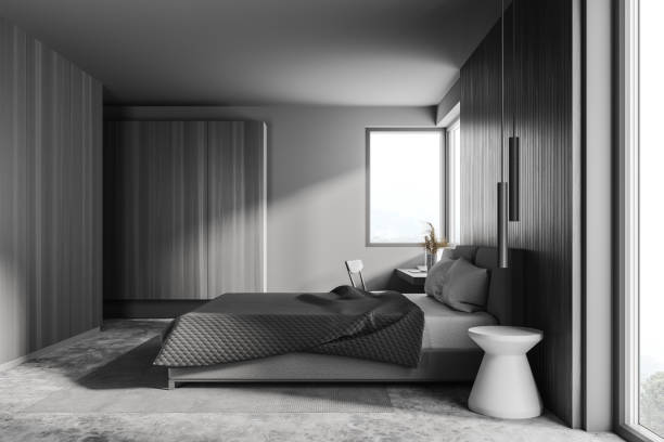 istock Grey and wooden bedroom, side view 1282112512