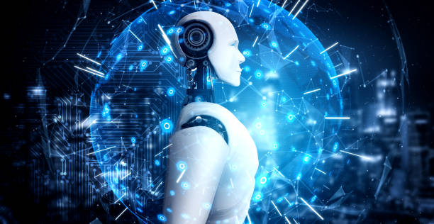 istock Humanoid AI robot looking at hologram screen showing concept of communication 1282113186