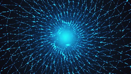 Computer generated blue gaseous shape from particles with depth of field. 3d rendering of abstract glowing background