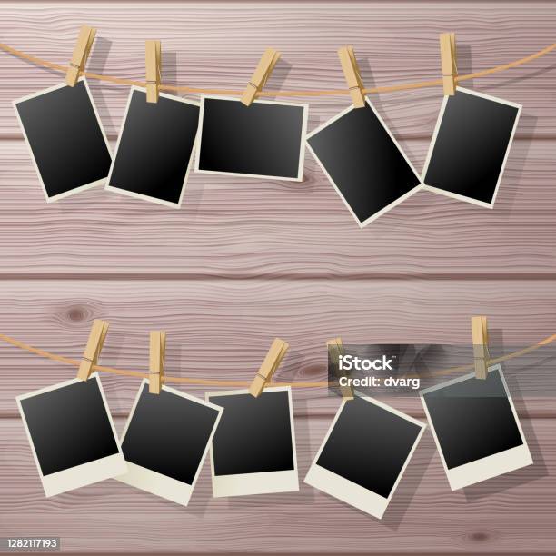 Photo Frame Fixed On A Clothespins Stock Illustration - Download Image Now - Vector, Photograph, Clothespin