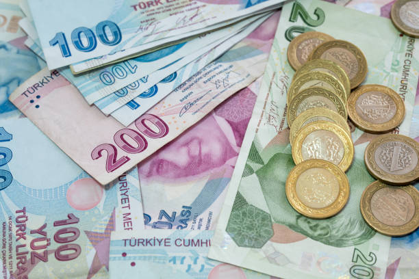 istock Turkish Lira banknotes with coins 1282118371