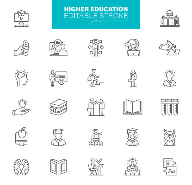 Higher Education Icons Editable Stroke Online education, college textbooks, college students, student graduating, college diploma, concepts of knowledge and learning, Editable Icon Set contact book stock illustrations
