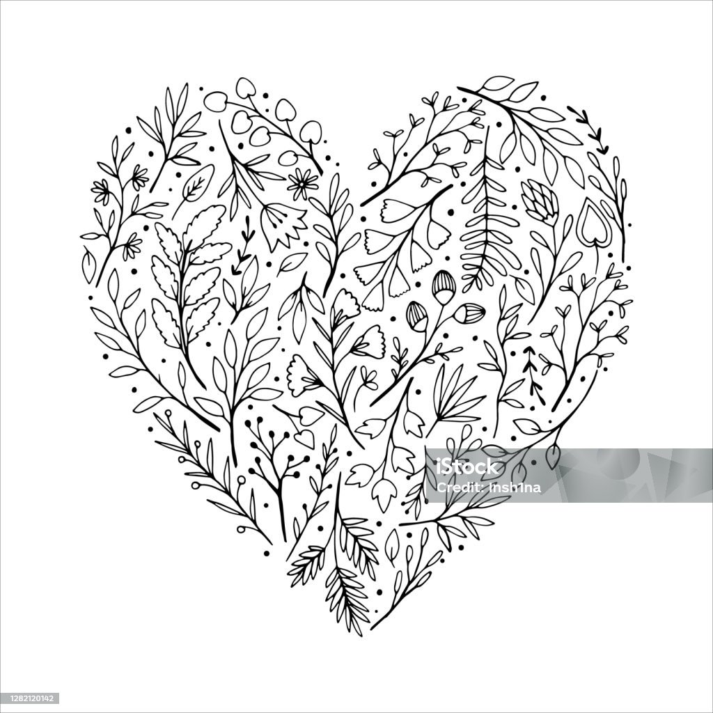 Trái Tim Hoa Đen Trắng Hoa Vẽ Tay Và Cành Cây Được Sắp Xếp Theo ...