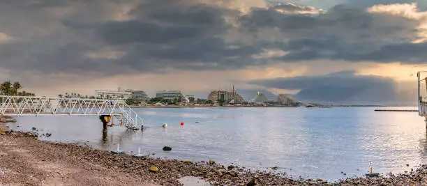 Photo of Panorama. Morning on central public beach in Eilat