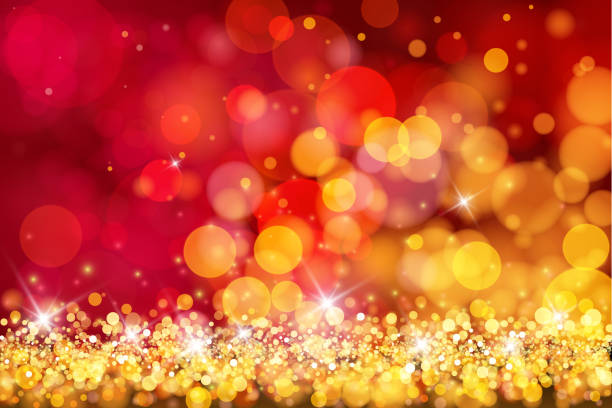 абстрактный рождественский красный и золотой блеск bokeh фон - gold confetti star shape nobody stock illustrations