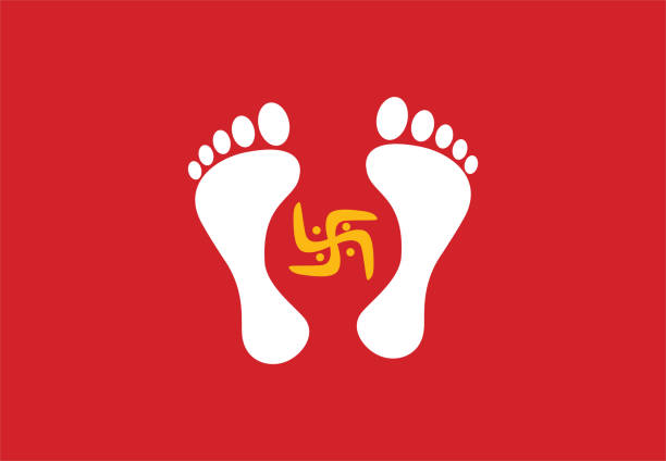 lakshmi foot print z podpisem swastik. shubh deepawali (happy diwali) ręcznie napisane. zielony diwali życzenia tekst. festiwal religii hinduskiej. lord ram i seeta. - swastyka hinduska stock illustrations