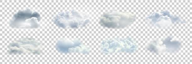 Vector set of realistic isolated cloud for template decoration and covering on the transparent background. Concept of storm. Vector set of realistic isolated cloud for template decoration and covering on the transparent background. Concept of storm. cirrus storm cloud cumulus cloud stratus stock illustrations