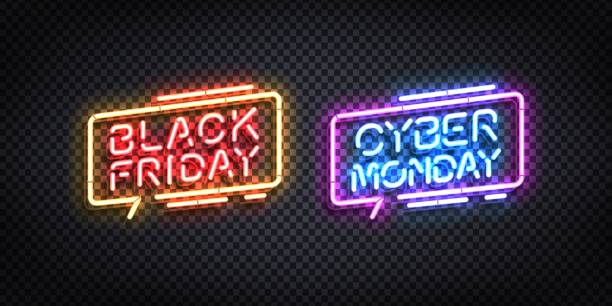 Vector realistic isolated neon sign of Black Friday and Cyber Monday logo for template decoration and invitation design. Vector realistic isolated neon sign of Black Friday and Cyber Monday logo for template decoration and invitation design. cyber monday stock illustrations