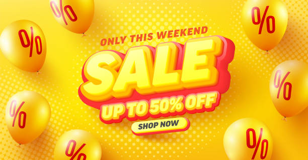 ilustrações de stock, clip art, desenhos animados e ícones de special sale 50% off poster or flyer design for retail,shopping or promotion in yellow and red style.global sale banner and poster template yellow balloons.vector illustration eps 10 - print shop