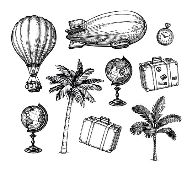 illustrazioni stock, clip art, cartoni animati e icone di tendenza di set da viaggio vintage. - ink antique old fashioned clip art