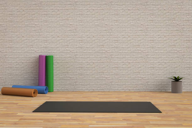 Yoga mat on the floor 3d rendering black yoga mat on the floor mat stock pictures, royalty-free photos & images