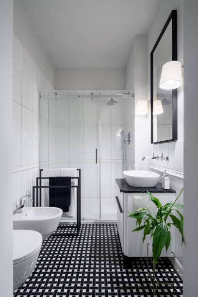 istock Elegant black and white bathroom 1282131432