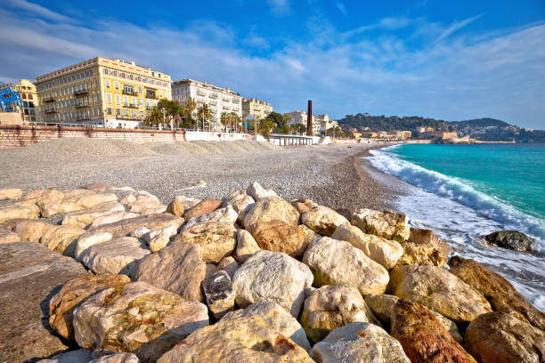 city of nice promenade des anglais waterfront and beach view, french riviera - city of nice france french riviera promenade des anglais imagens e fotografias de stock