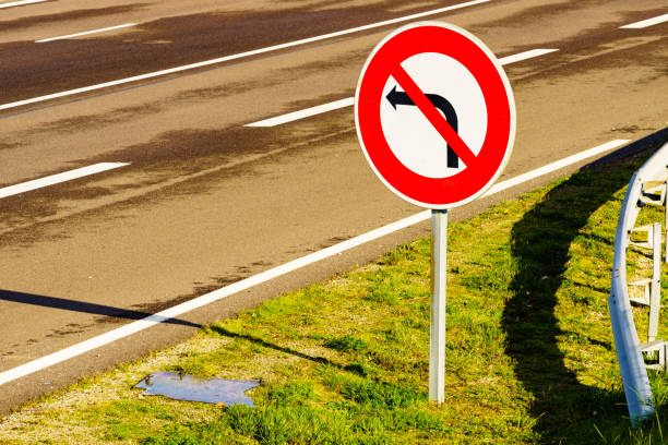 Empty asphalt road with no left turn traffic sign, interurban freeway in France