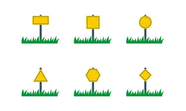 Vector illustration of Blank street and road yellow traffic signs set on grass. Empty sign plate icon. Warning danger way. Vector