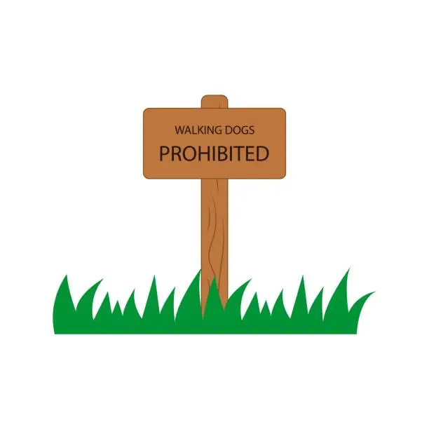 Vector illustration of Walking dog prohibited. Wooden blank sign board on grass with text. No dogs allowed. Vector