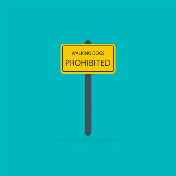Vector illustration of Dog prohibition sign on blue background. Walking dog prohibited. No dogs allowed on sign plate. Vector