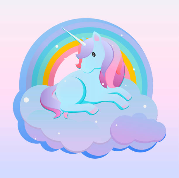 Turquoise little unicorn resting on a cloud. vector art illustration