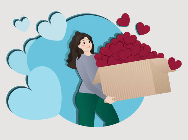 The girl carries a box of likes with a smile. vector art illustration
