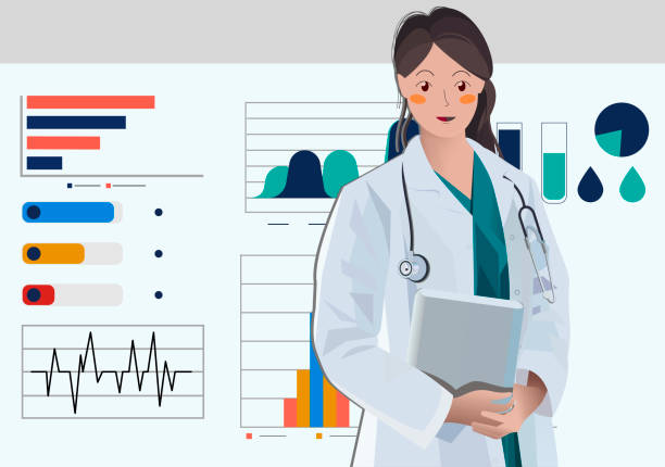 Medical doctor woman with medical charts in the background. vector art illustration
