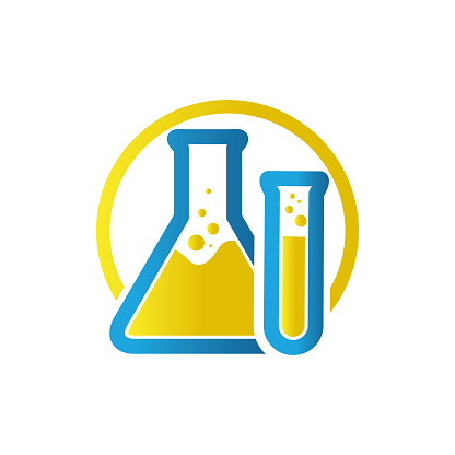 blue yellow flask sign Lab logo template vector design researh science technology symbol