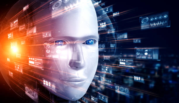 Robot humanoid face close up with graphic concept of big data analytic