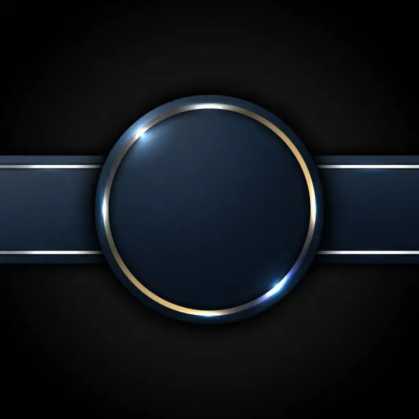 Vector illustration of Dark blue circle and stripe label with golden line decoration on black background luxury style