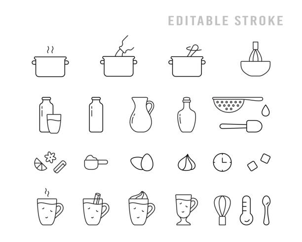 Eggnog, icons set for cooking recipe. Pictograms for preparation of hot homemade drink Eggnog, icons set for cooking recipe. Pictograms for preparation of hot homemade drink on stove. Milk, cream, eggs, spice, alcohol, glass. Black linear editable stroke emblem. Contour isolated vector christmas eggnog stock illustrations