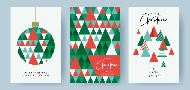 메리 크리스마스와 새해 복 많이 받으세요 세트의 인사말 카드, 포스터, 휴일 커버. 녹색, 빨간색, 흰색 색상의 삼각형 전나무 패턴의 현대적인 xmas 디자인 - xmas stock illustrations