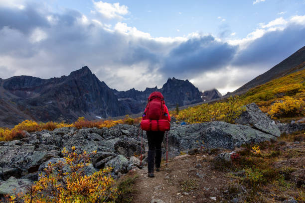 istock Woman Backpacking on Scenic Hiking Trail surrounded by Rugged Mountains 1282145668