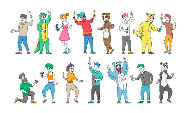 Set of Cheerful Happy People in Funny Costumes Friendship, Celebration and Pajama Party Concept. Rejoice Friends Booze Set of Cheerful Happy People in Funny Costumes Friendship, Celebration and Pajama Party Concept. Rejoice Isolated on White Background. Friends Characters Corporate Booze. Linear Vector Illustration pajamas illustrations stock illustrations