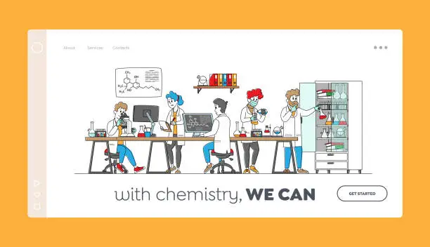 Vector illustration of Chemistry Science Landing Page Template. Scientists Characters in Chemical Lab with Equipment, Computer, Microscope