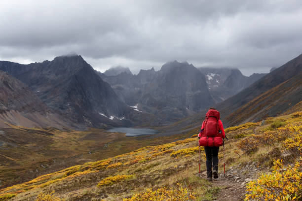 istock Woman Backpacking on Scenic Hiking Trail surrounded by Rugged Mountains 1282147700