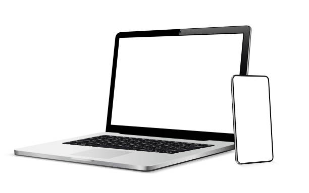 ponsel pintar modern dan laptop dengan layar sentuh kosong - laptop ilustrasi stok