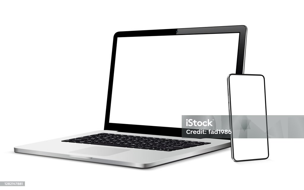 Telefone inteligente moderno e laptop com tela sensível ao toque em branco - Vetor de Laptop royalty-free