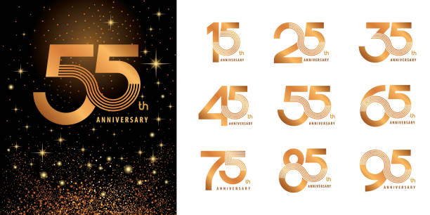 Set of Logo Anniversary logotype design, Celebrate Anniversary Logo Set of Logo Anniversary logotype design, Celebrate Anniversary Logo multiple line for Congratulation celebration event, invitation, greeting, Abstract 15 25 35 45 55 65 75 85 95 silver and golden logo circa 15th century stock illustrations