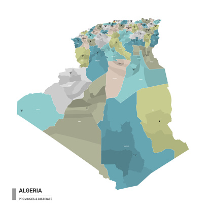 Algeria higt detailed map with subdivisions. Administrative map of Algeria with districts and cities name, colored by states and administrative districts. Vector illustration with editable and labelled layers.