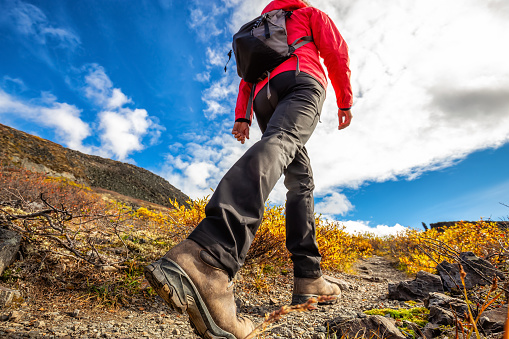 View of Woman Hiking Rocky Trail from Below during Fall in Canadian Nature. Taken in Tombstone Territorial Park, Yukon, Canada.