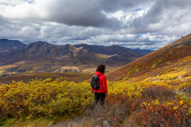 istock Woman hiking along Scenic Trail on a Mountain, during Fall 1282149223