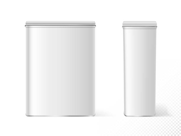 istock Food containers. Realistic white metal tin food storage empty blank, front and side view 1282150795