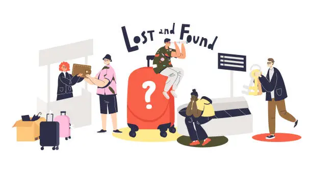 Vector illustration of Lost and found service concept with cartoons loosing and finding baggage, wallets, keys