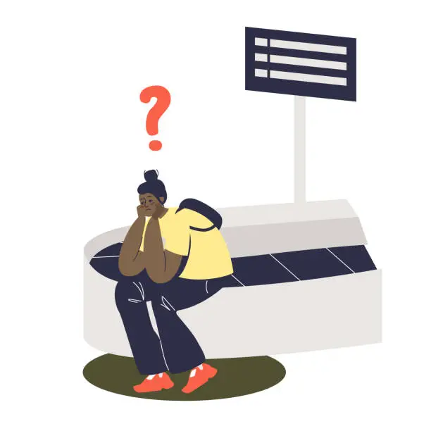 Vector illustration of Upset woman passenger sitting at luggage carousel without suitcase. Baggage lost accident