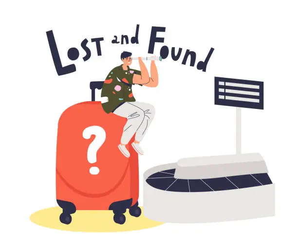 Vector illustration of Male airline passenger sitting on baggage belt with found suitcase. Luggage claim concept