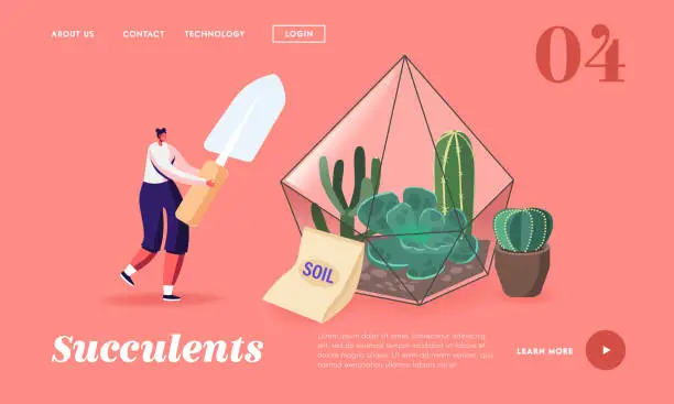 Vector illustration of Home Gardening, Growing Plants in Terrarium Landing Page Template. Female Character with Spade Planting Succulents